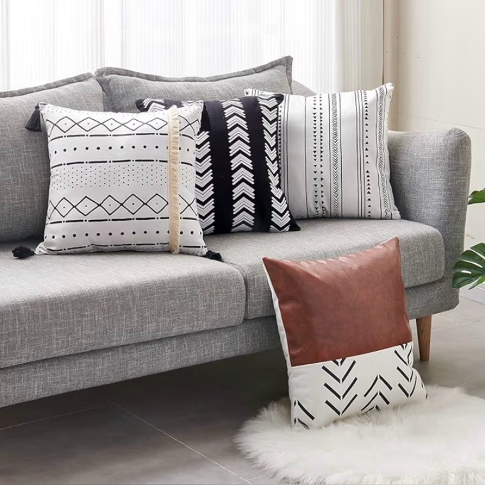 CDWERD Boho 18x18” Pillow Covers Set of 4 Faux Leather, linen, Fringe Tassels - Picture 5 of 16